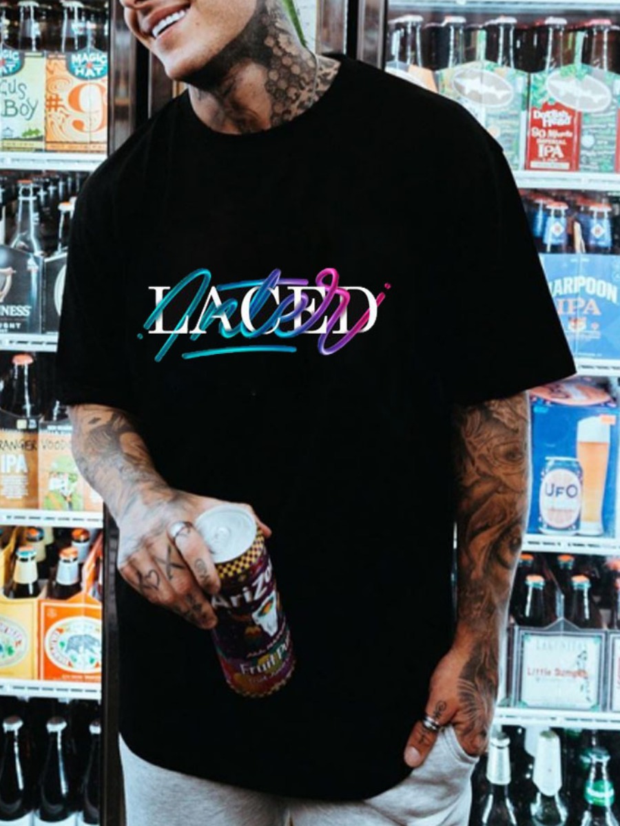 

Lovely Men Casual O Neck Letter Print Black T-shirt