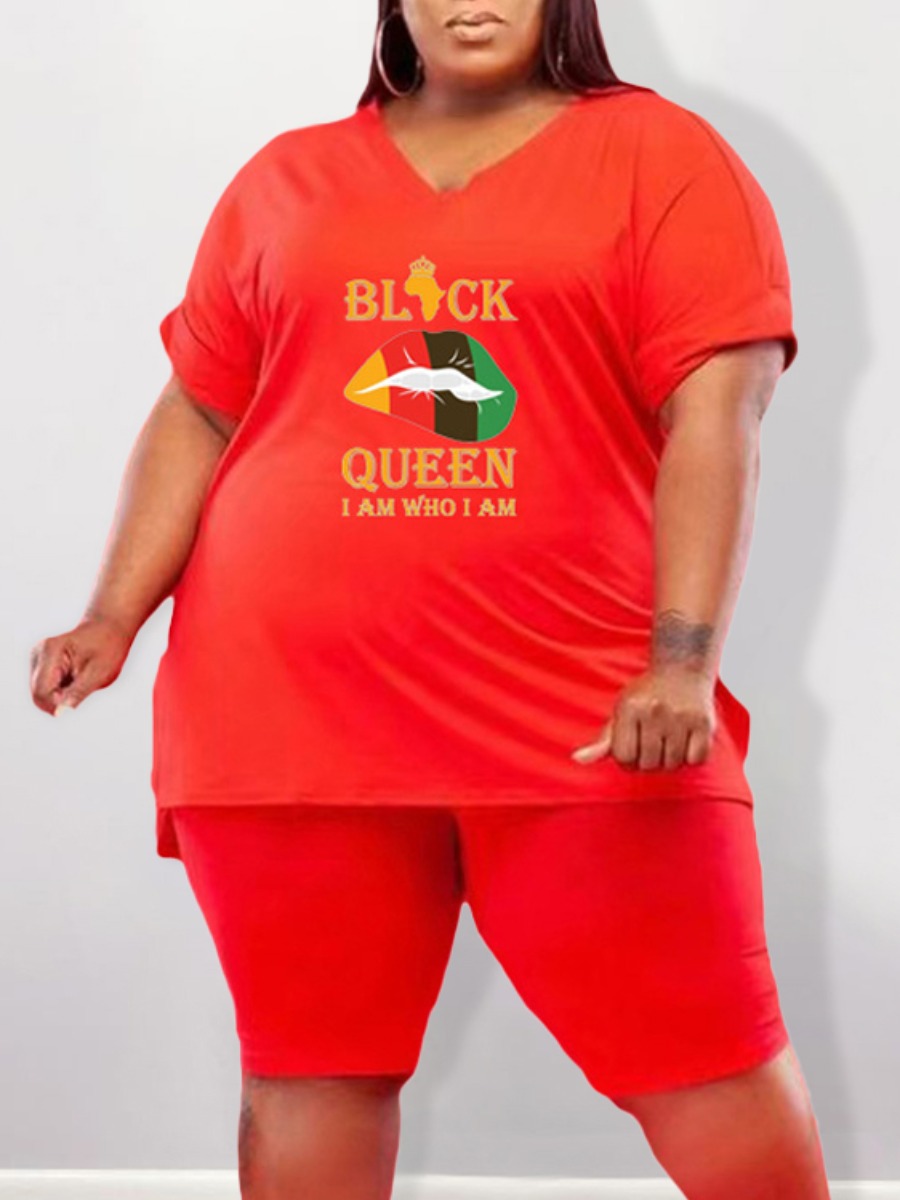 

Lovely Casual Lip Letter Print Split Red Plus Size Two-piece Shorts Set