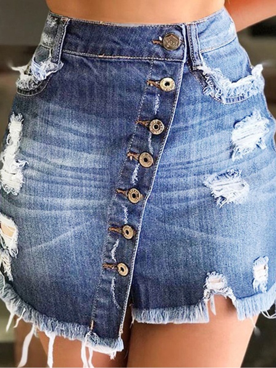 

Lovely Street Ripped Button Design Baby Blue Denim Skirt
