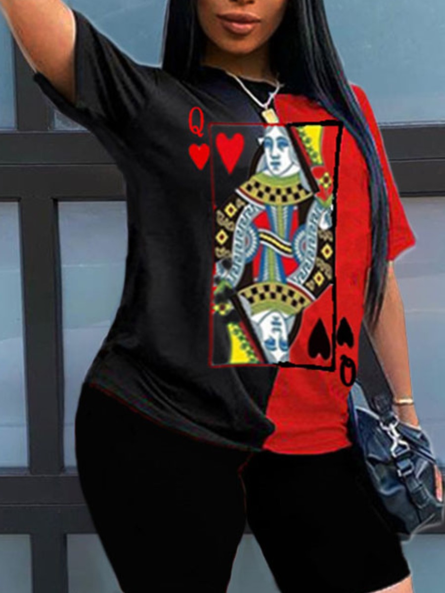 LovelyWholesale BASICS Plus Size Street Card Print Patchwork Black T-shirt Summer Short Sleeve Street Basic Round Neck  4X Spring Summer 2024