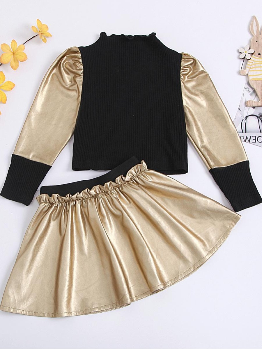 

Lovely Girl Street Flounce Design Patchwork Beige Two Piece Skirt Set, Black