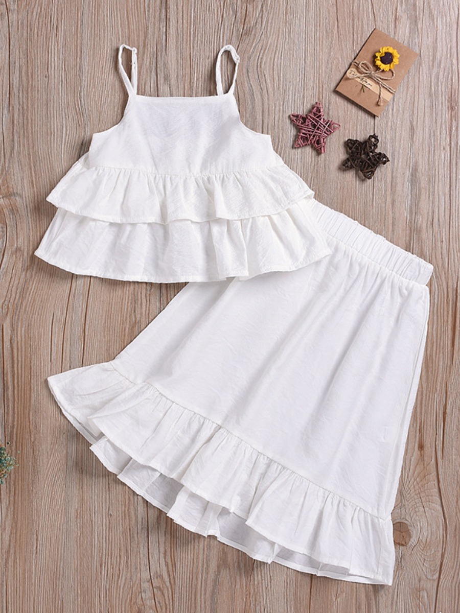 

Lovely Girl Casual Flounce Design White Two Piece Skirt Set