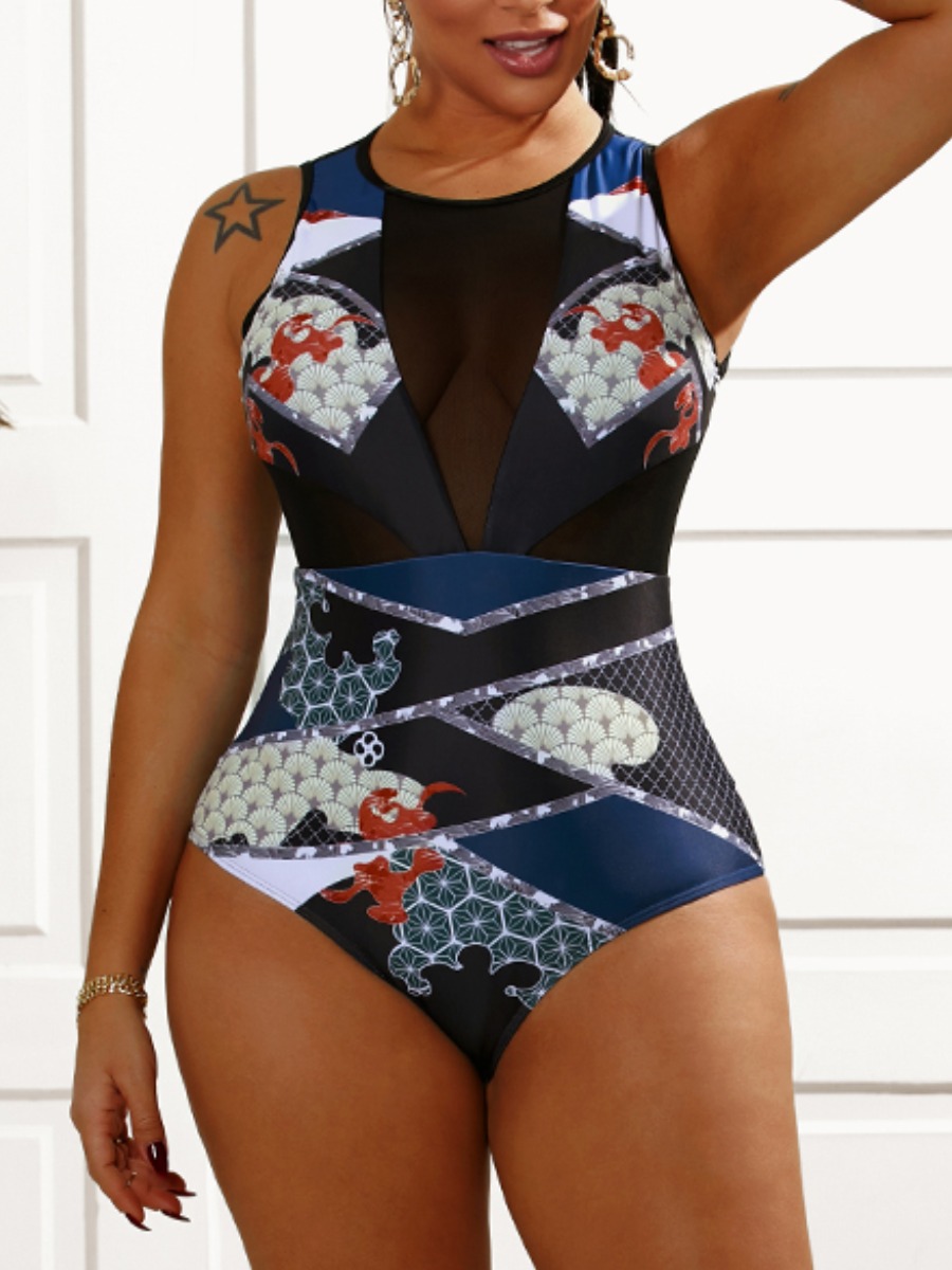 

Lovely Boho See-through Print Patchwork Black One-piece Swimsuit
