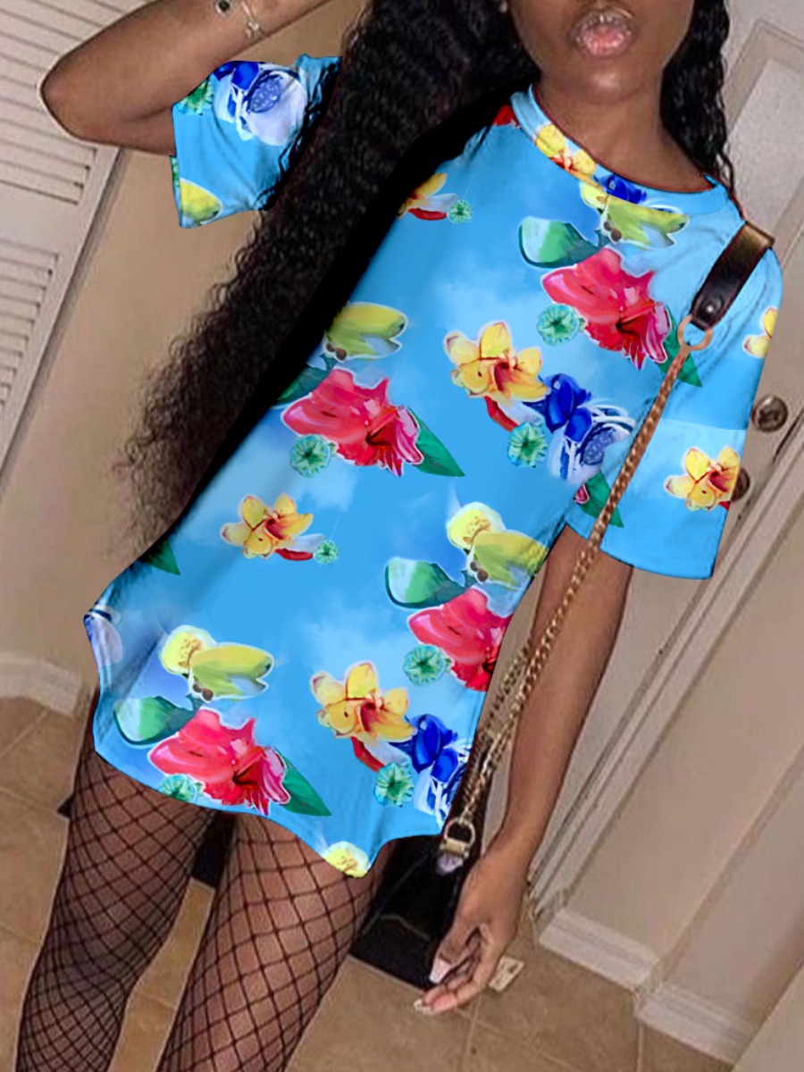 

LW Casual O Neck Floral Print Blue Mini Dress