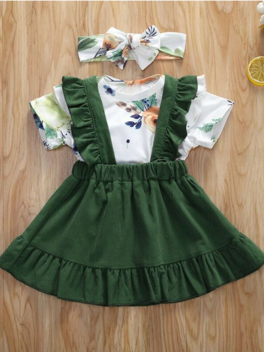 

Lovely Girl Sweet Floral Print Flounce Design Green Three Piece Skirt Set