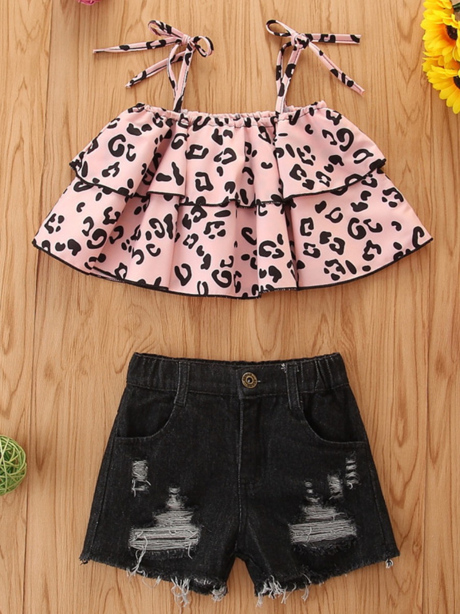 

Lovely Girl Street Leopard Print Flounce Design Ripped Pink Two Piece Shorts Set