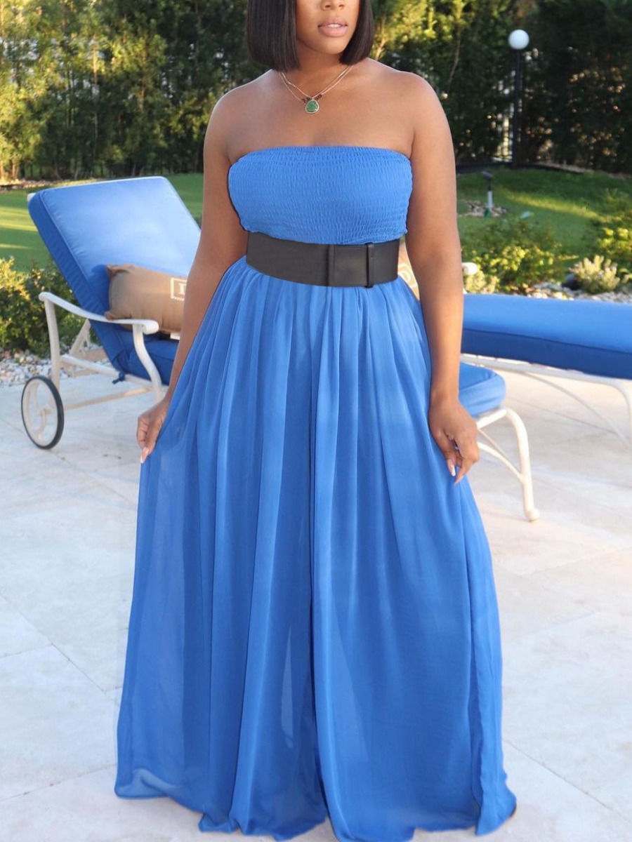

Lovely Plus Size Street Off The Shoulder Flounce Design Blue Floor Length Dress(Without Belt)