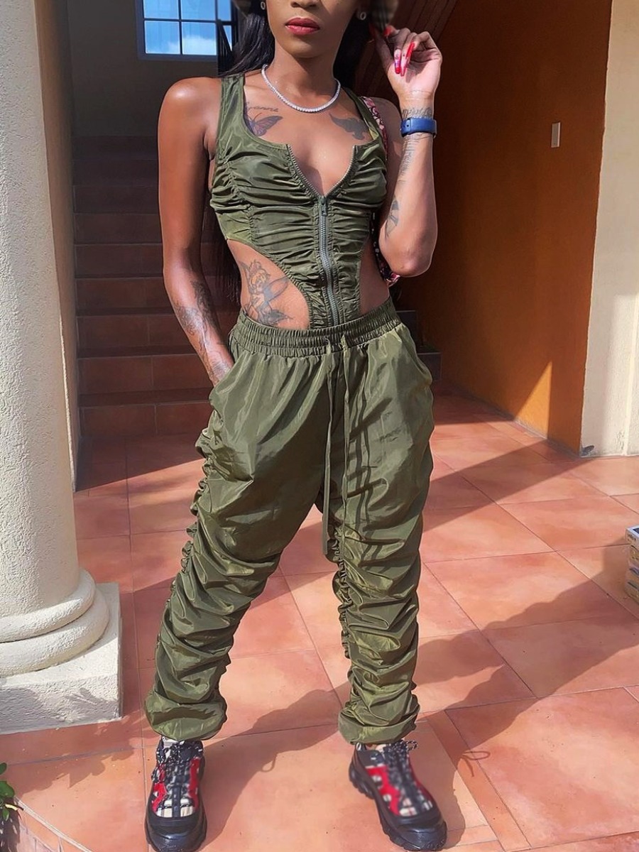 

Lovely Street Drawstring Fold Design Army Green Two Piece Pants Set