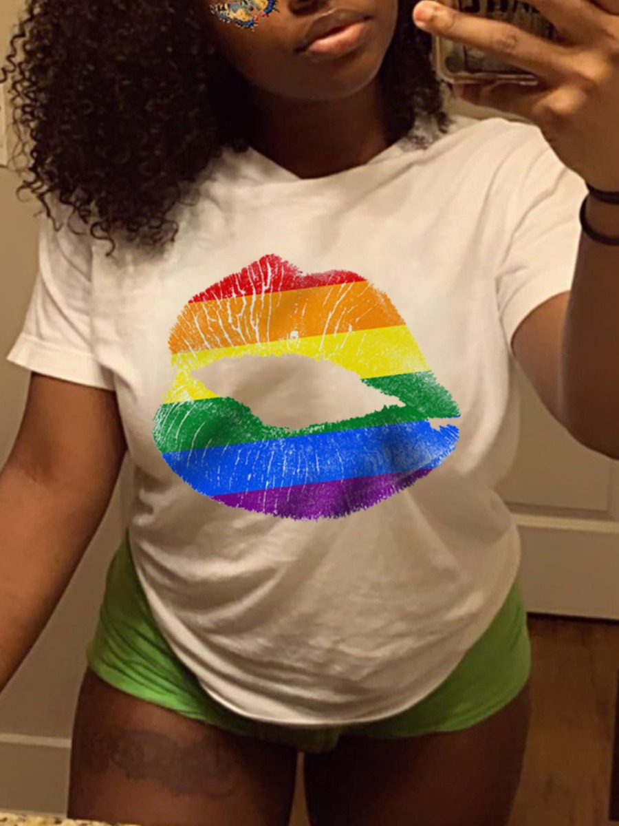 

Lovely Casual O Neck Lip Print White T-shirt