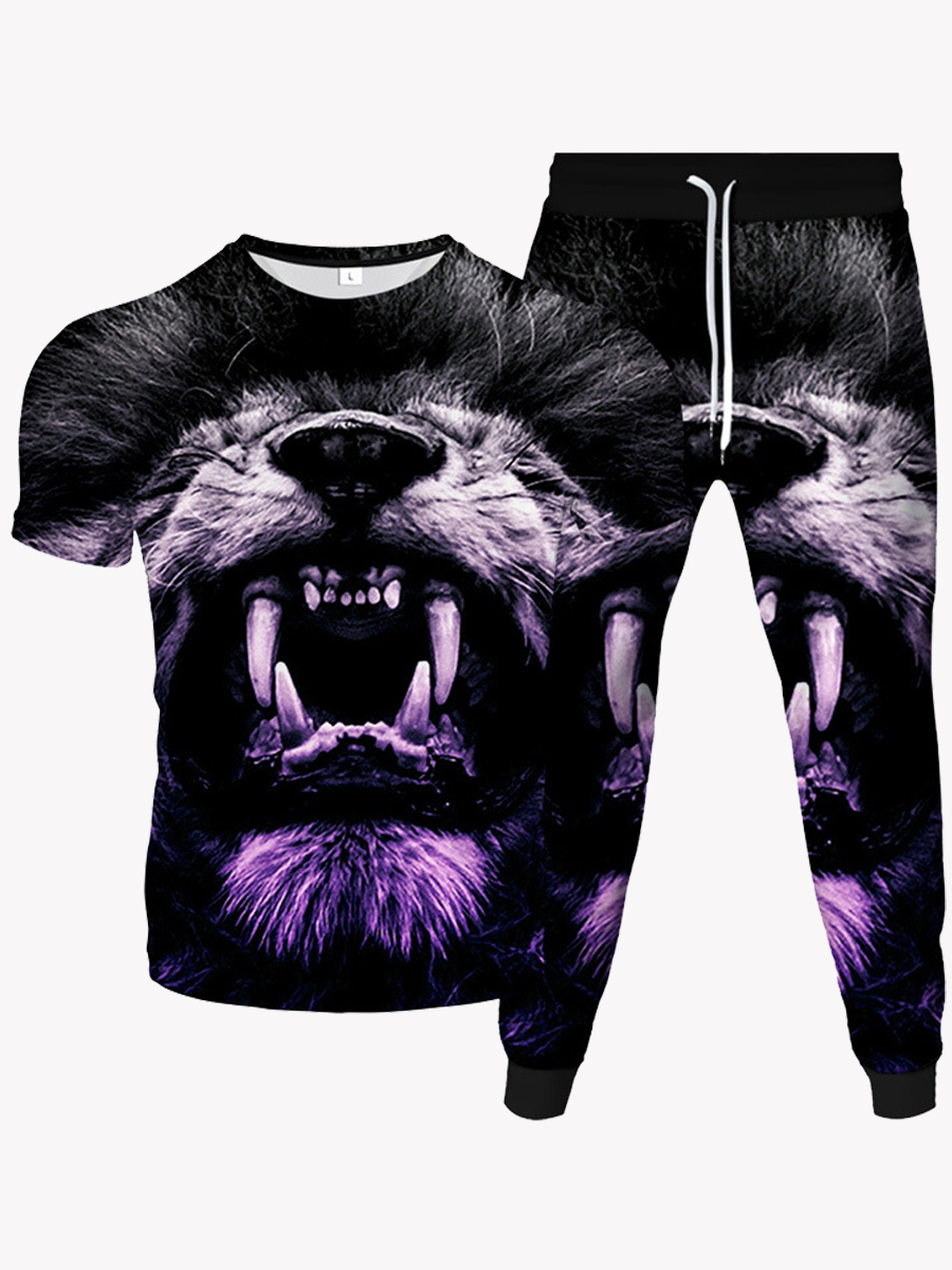 

Lovely Men Street Animal Print Drawstring Black Two Piece Pants Set