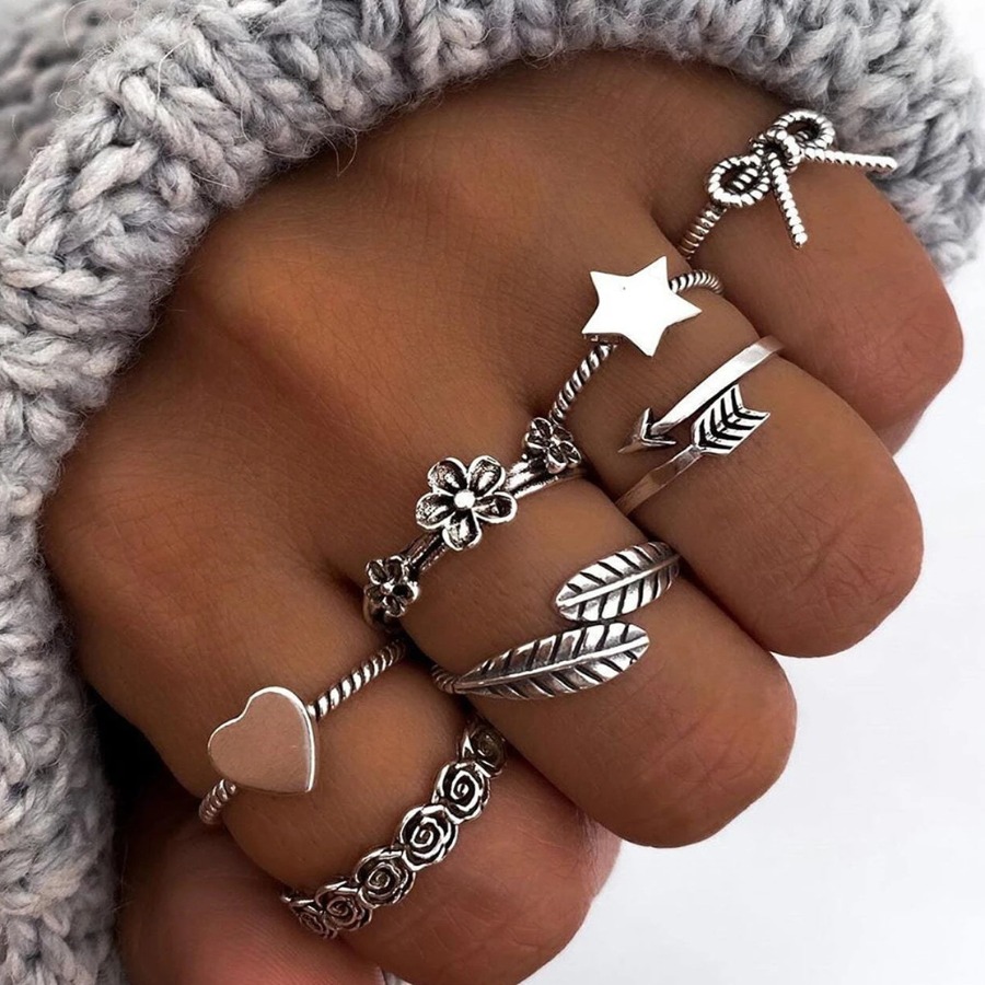 

Lovely Casual Floral Star Silver 7-piece Ring