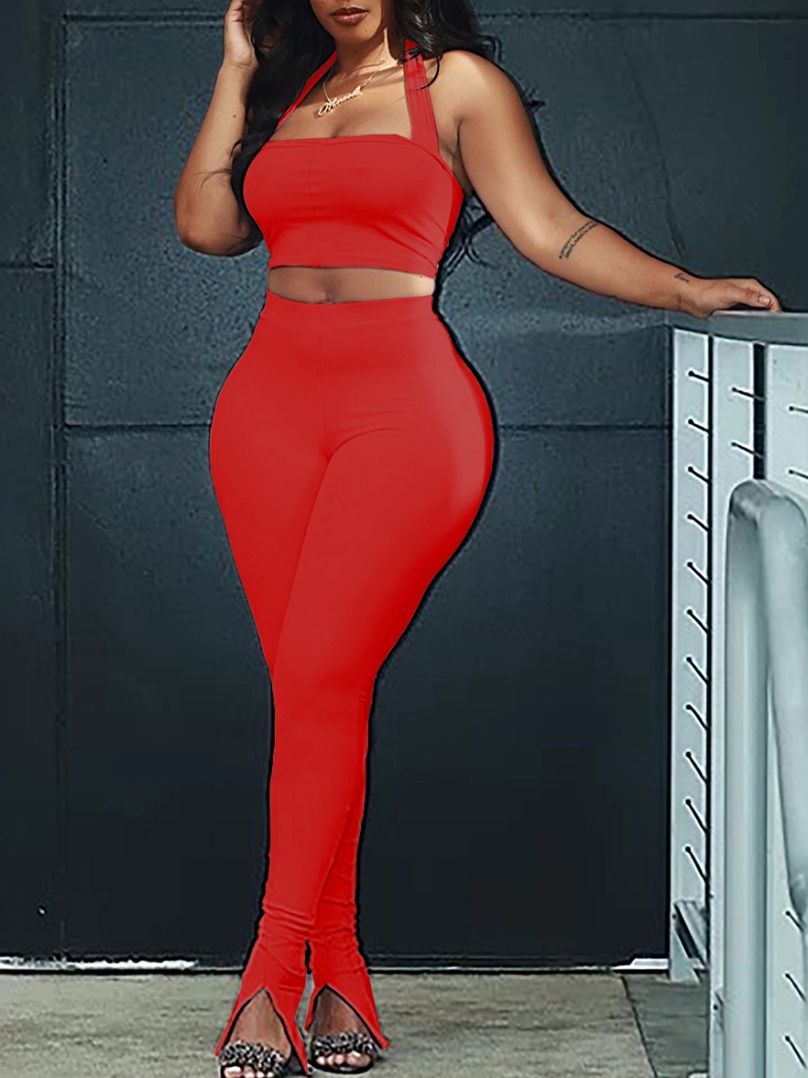 

LW SXY Off The Shoulder High-waisted Front Slit Red Two Piece Pants Set