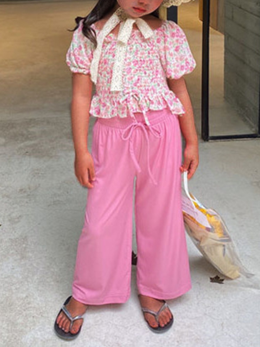 

Lovely Girl Sweet Floral Print Ruffle Design Pink Two Piece Pants Set
