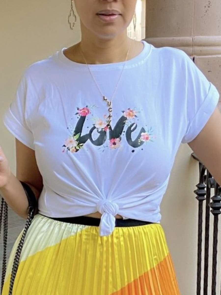 

Lovely Casual Letter Floral Print White T-shirt