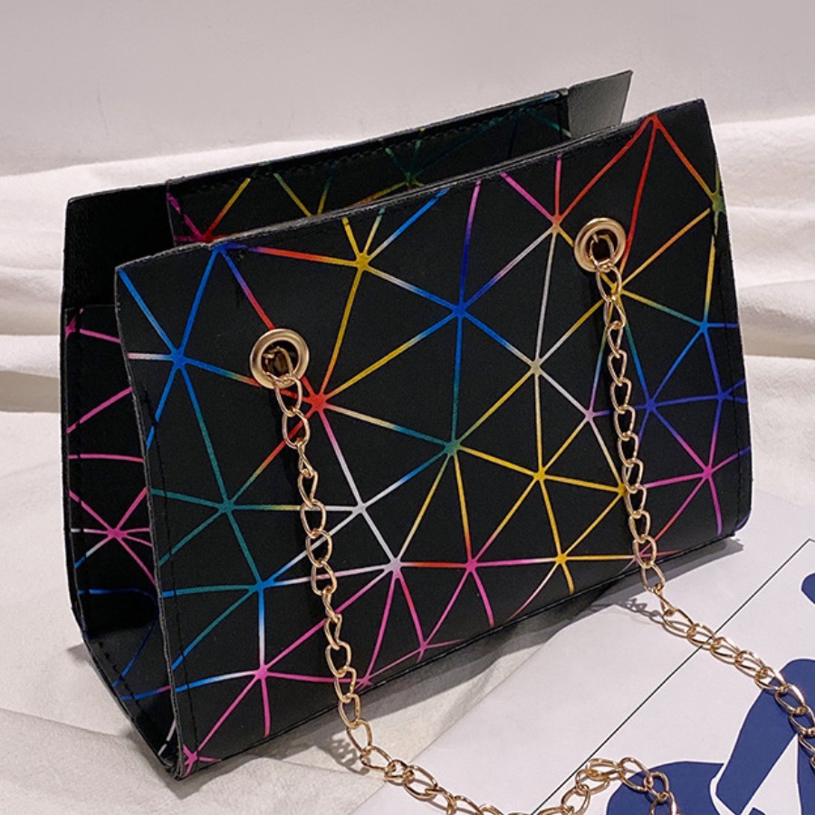 

LW Faux Leather Geometric Print Chain Strap Crossbody Bag, Black