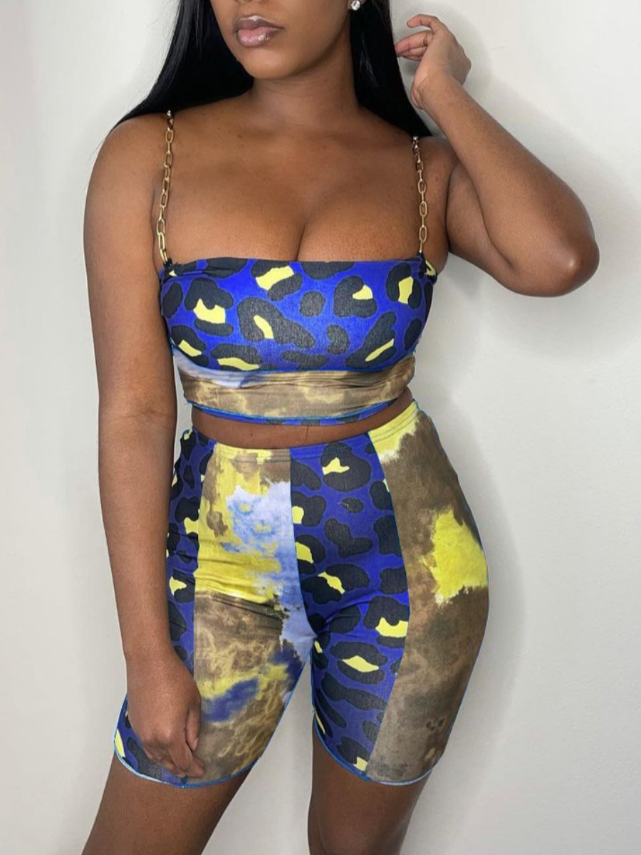 

Lovely Casual Chain Strap Print Patchwork Deep Blue Two Piece Shorts Set