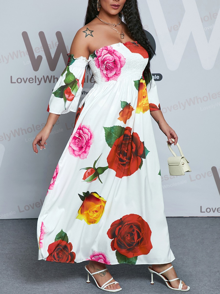 

Lovely Boho Off The Shoulder Floral Print White Floor Length Dress