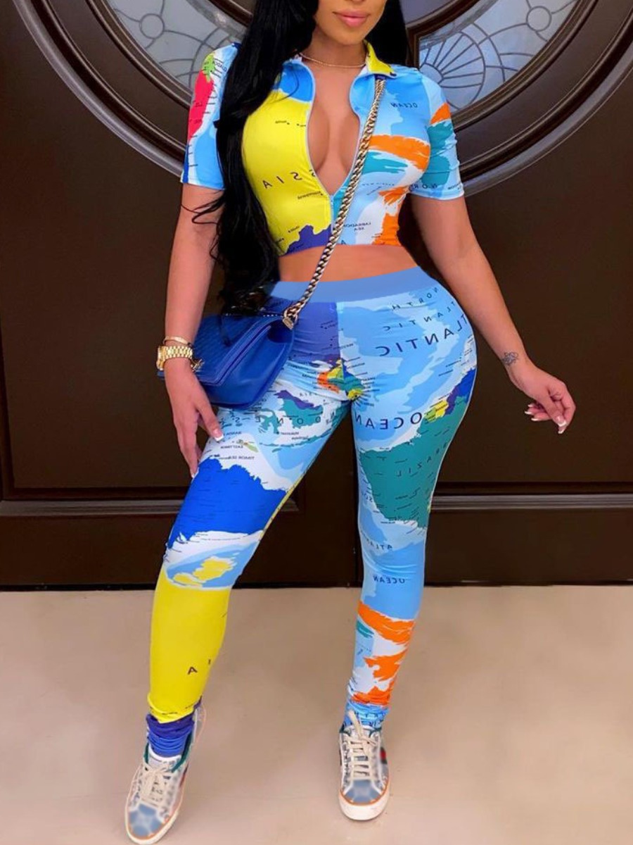 

Lovely Street Letter Map Print Multicolor Two Piece Pants Set, Multi