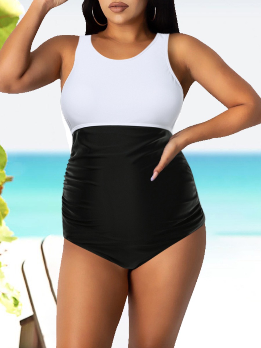 

LW Boho O Neck High-waisted Black And White One-piece Maternity Swimsuit