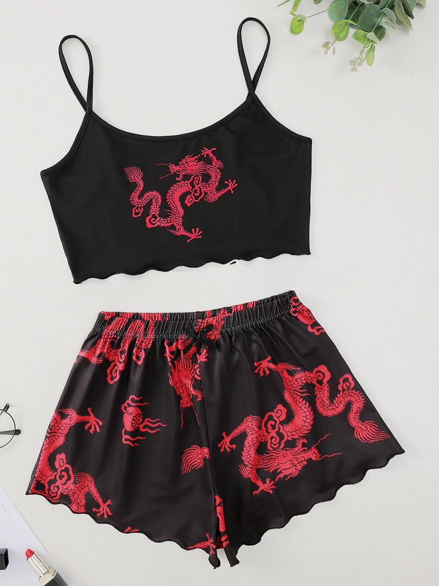 

Lovely Casual U Neck Dragon Print Black Sleepwear