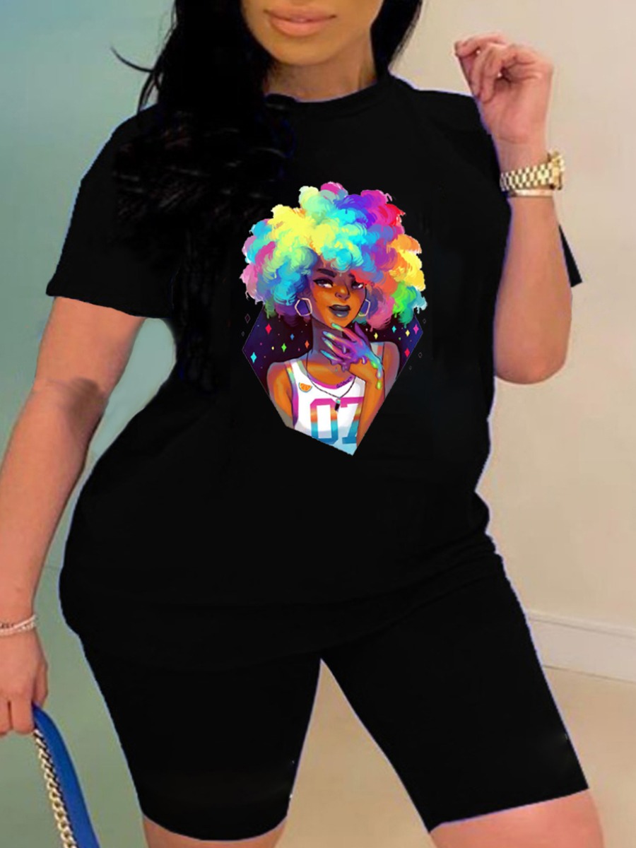 

Lovely Plus Size Street Graffiti Afro Hairstyle Print Black Two-piece Shorts Set