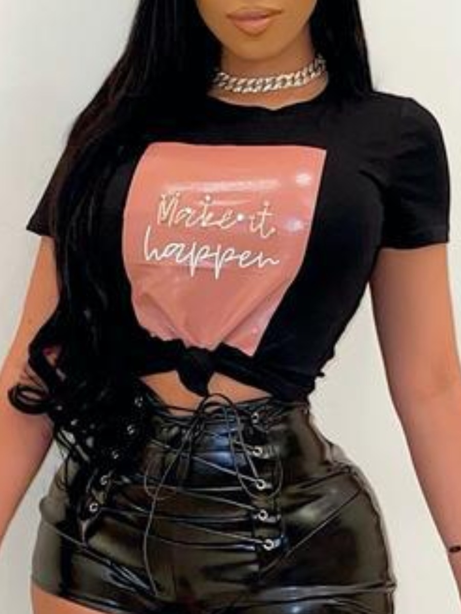 

Lovely Casual Letter Print Patchwork Black T-shirt