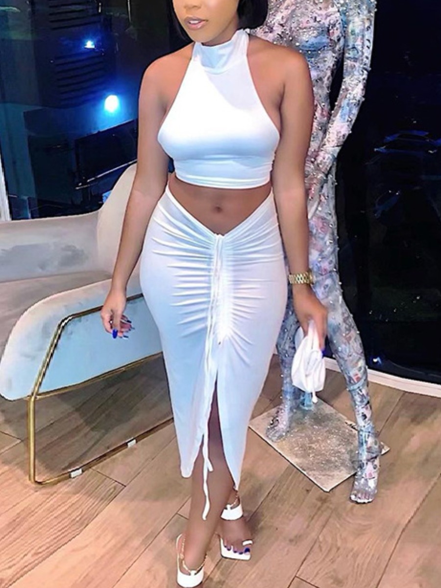 

Lovely Sexy Turtleneck Drawstring Split White Two Pece Skirt Set