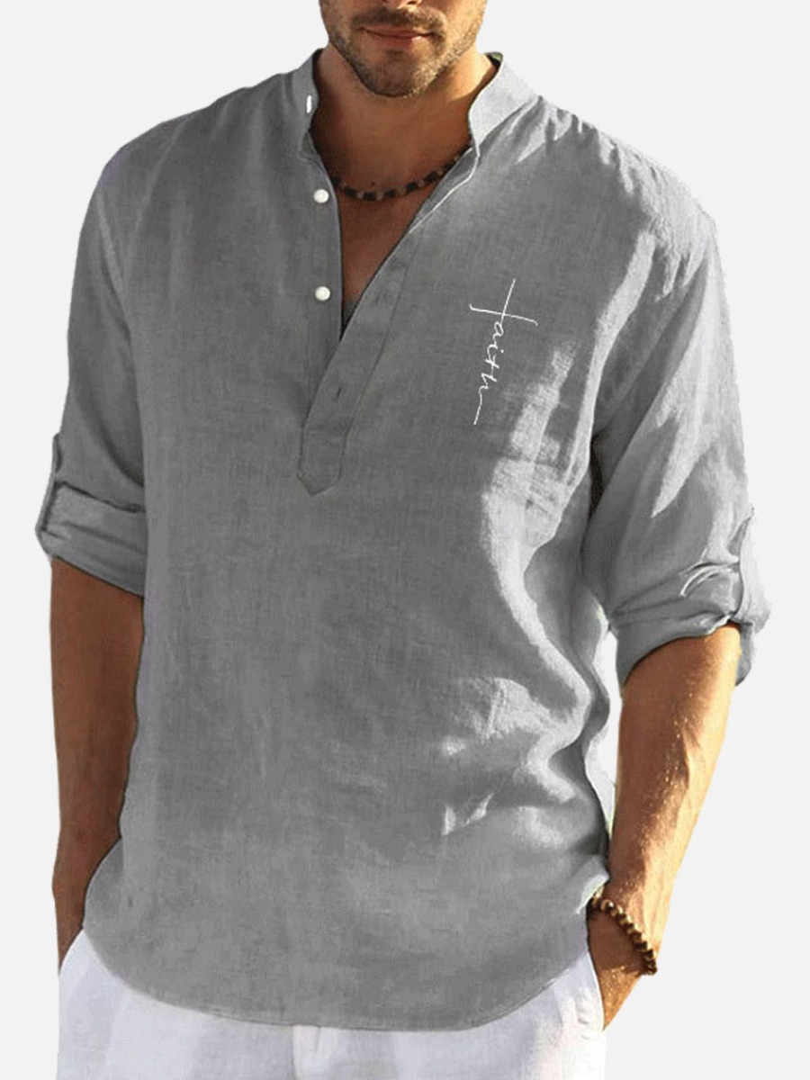 

Lovely Men Casual Mandarin Collar Letter Print Grey Shirt