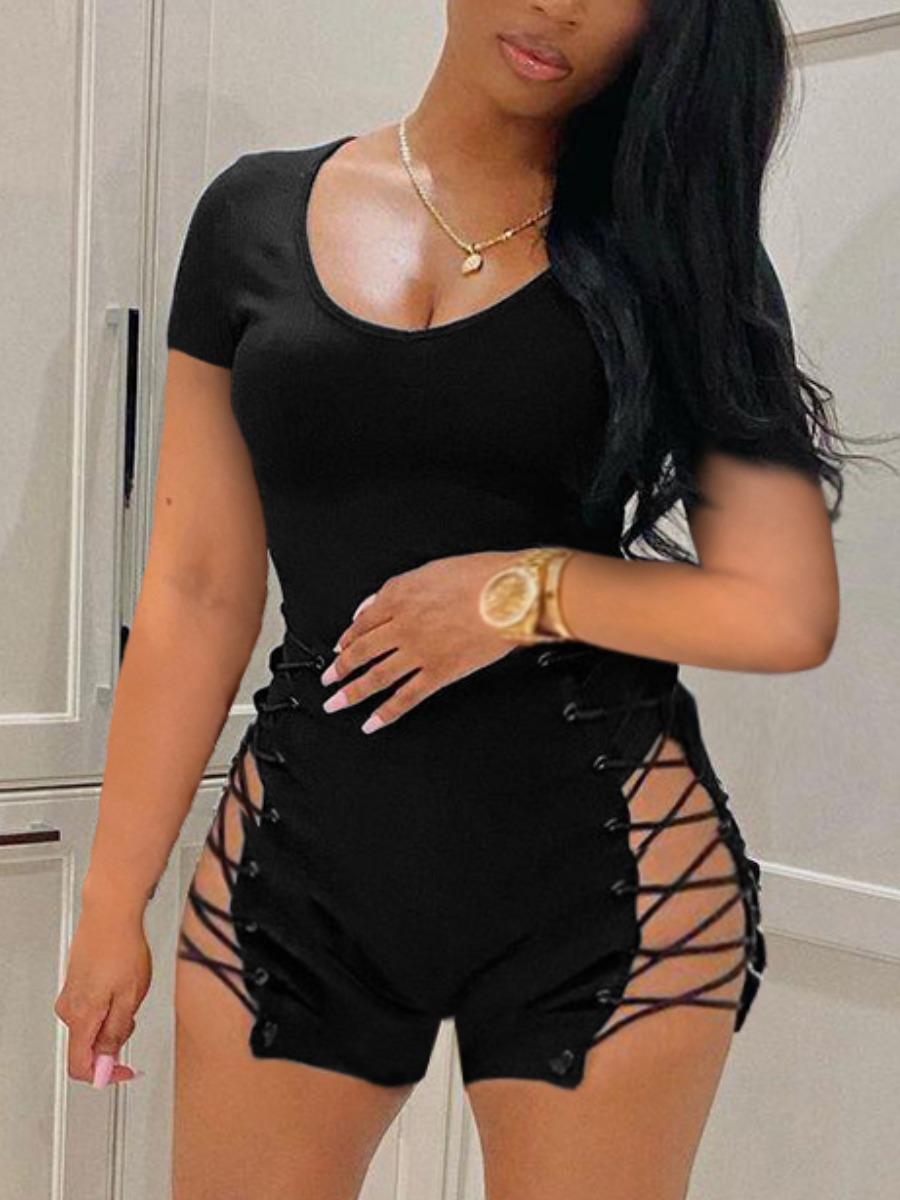 

Lovely Sexy Bandage Hollow-out Design Black One-piece Romper
