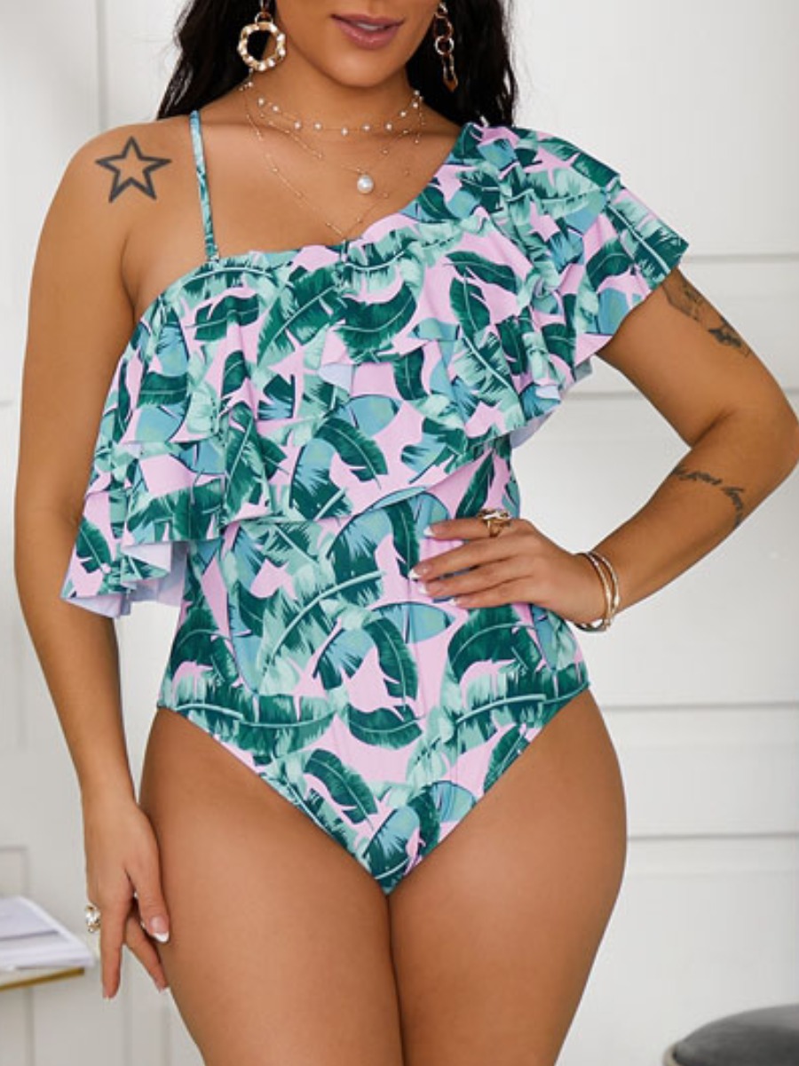 

Lovely Boho Floral Print Flap-over Flounce Design Blue One-piece Swimsuit