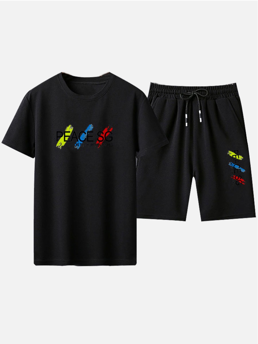 

Lovely Men Casual Letter Print Drawstring Black Two Piece Shorts Set