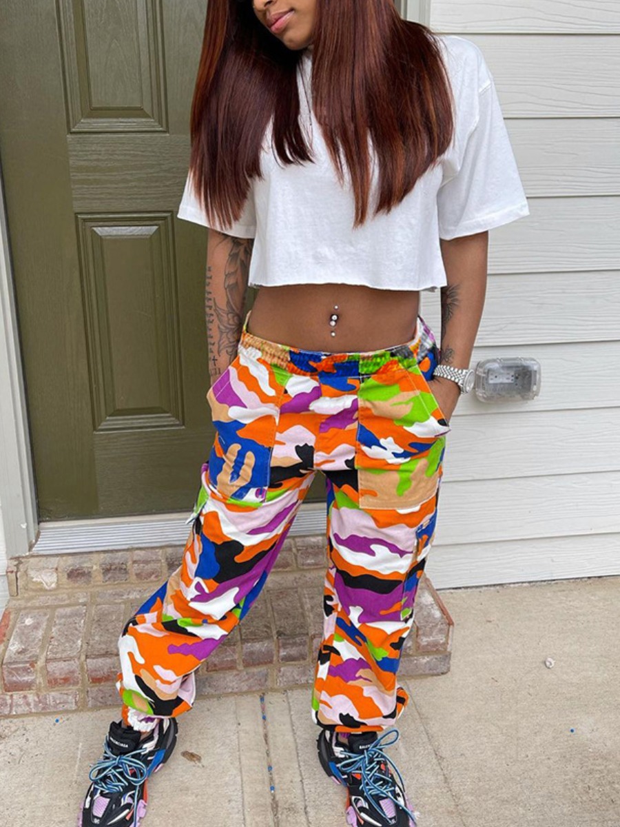 

Lovely Street Camo Print Pocket Design Rose Red Two Piece Pants Set