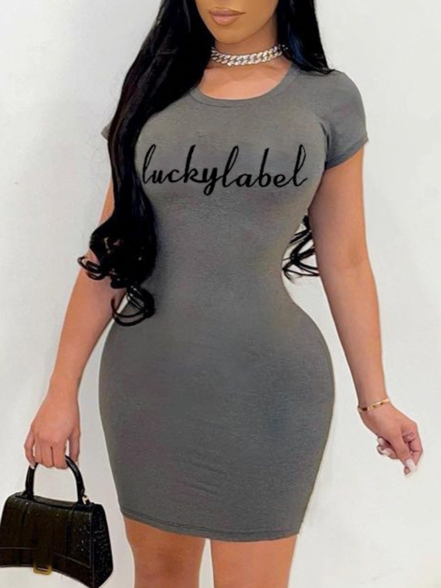 

Lovely Casual O Neck Letter Print Grey Mini Dress