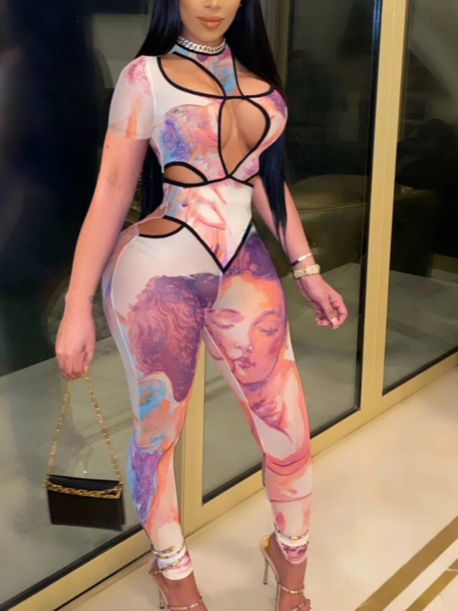 

Lovely Casual Graffiti Print Hollow-out Pink One-piece Jumpsuit