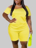 LW Plus Size Casual Boat Neck Elastic Yellow Two-piece Shorts Set