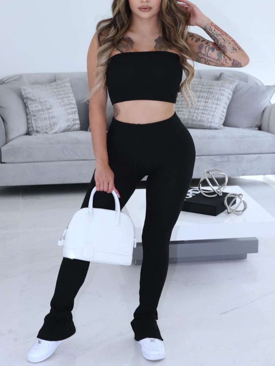 

Lovely Casual Off The Shoulder Split Black Two Piece Pants Set