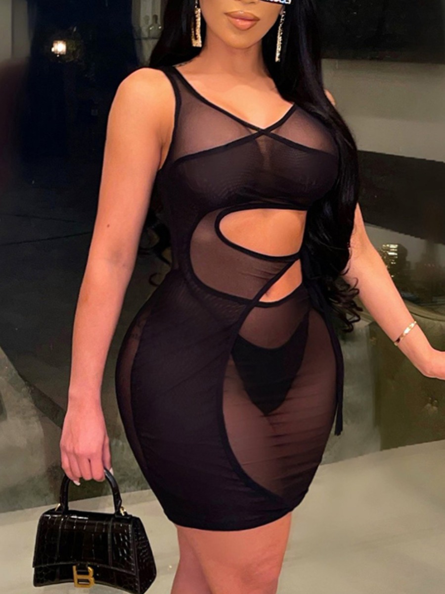 

LW Plus Size Sexy See-through Bandage Hollow-out Design Black Mini Dress