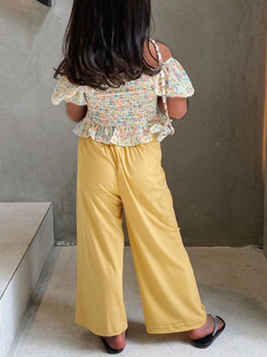 

Lovely Girl Sweet Floral Print Ruffle Design Yellow Two Piece Pants Set