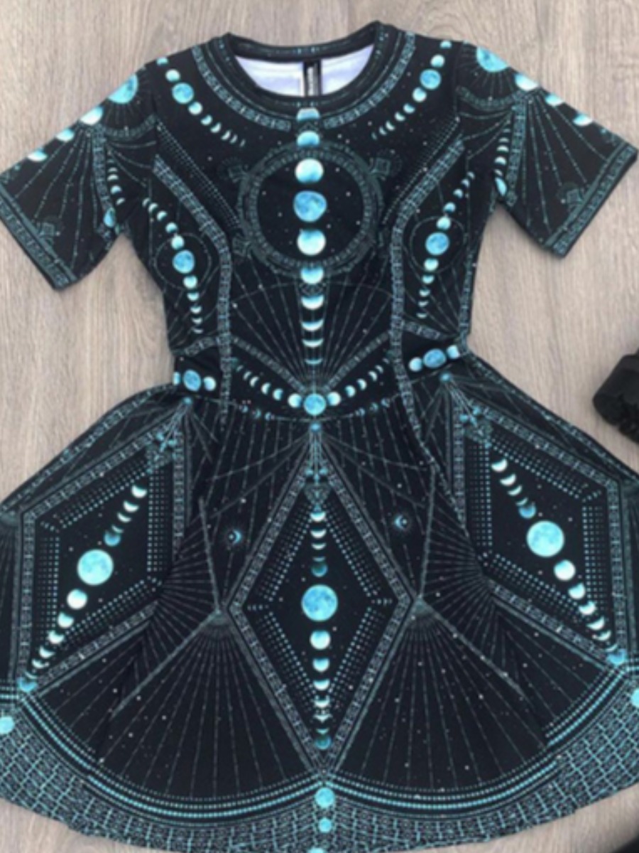 

Lovely Elegant Geometric Print Patchwork Navy Blue Mini Plus Size Dress
