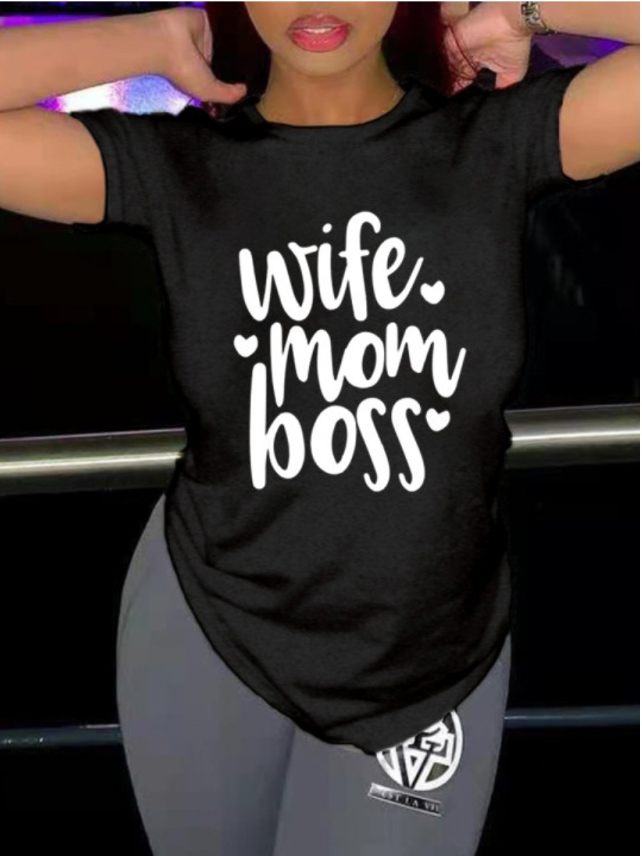 

LW Plus Size Casual O Neck Letter Print Black T-shirt