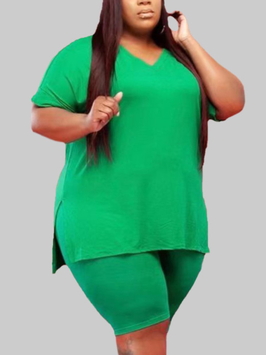 LW Plus Size Casual V Neck Split Green Two-piece Shorts Set