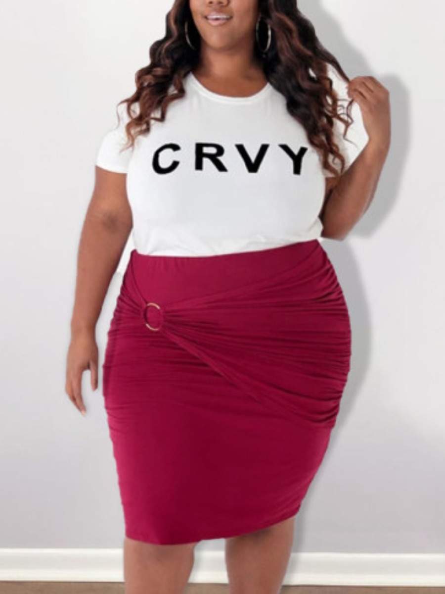 

Lovely Street Letter Print Metal Ring Decoration Red Plus Size Two-piece Skirt Set