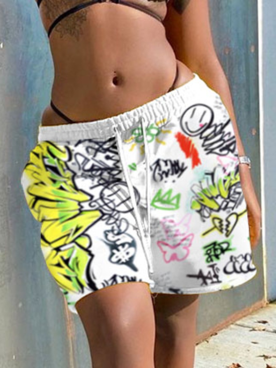 

Lovely Street Graffiti Print Drawstring White Shorts