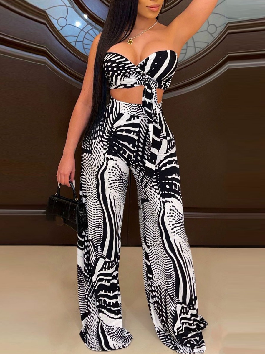 

LW SXY Floral Print Striped Hollow-out Black Two Piece Pants Set