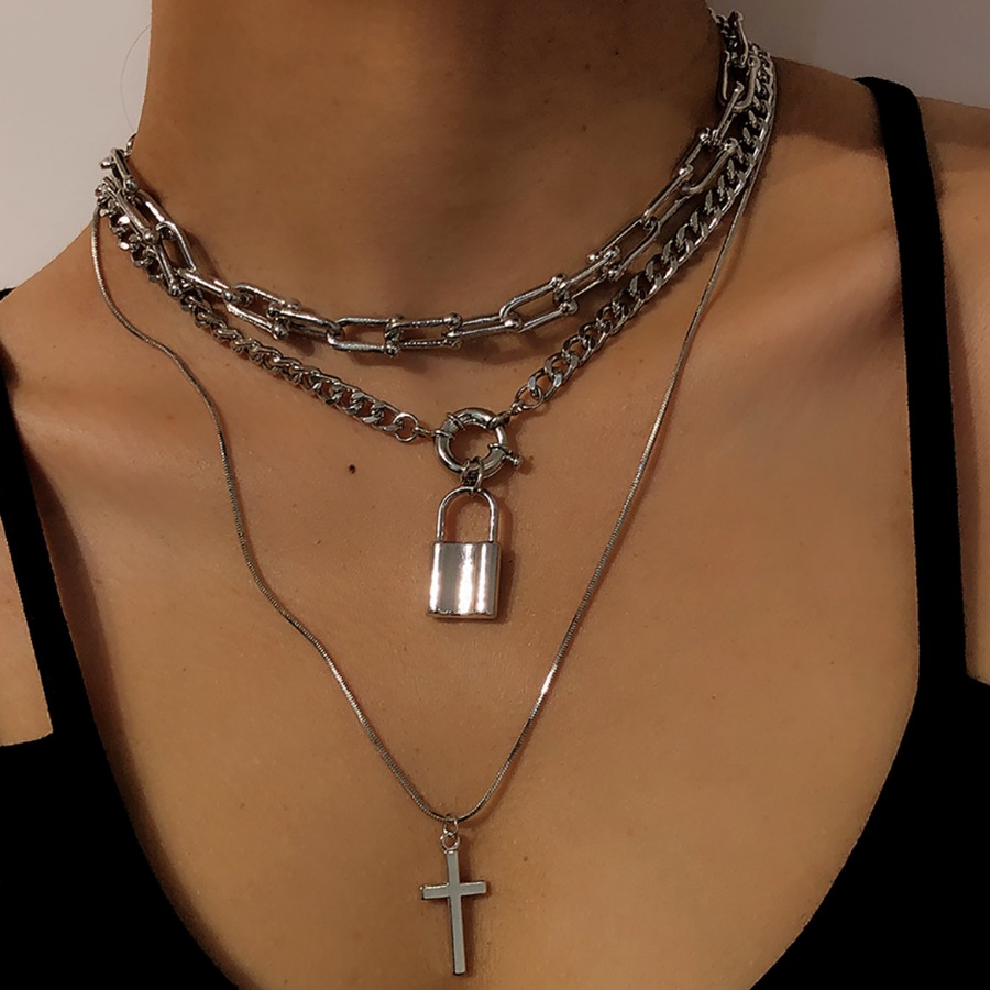 

Lovely Casual Cross Lock Silver Multilayer Necklace
