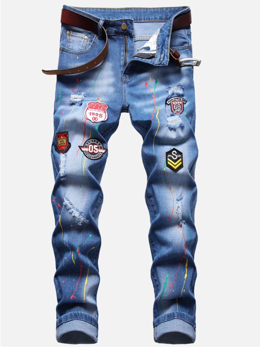 

LW Men Street Splash Ink Letter Print Blue Jeans