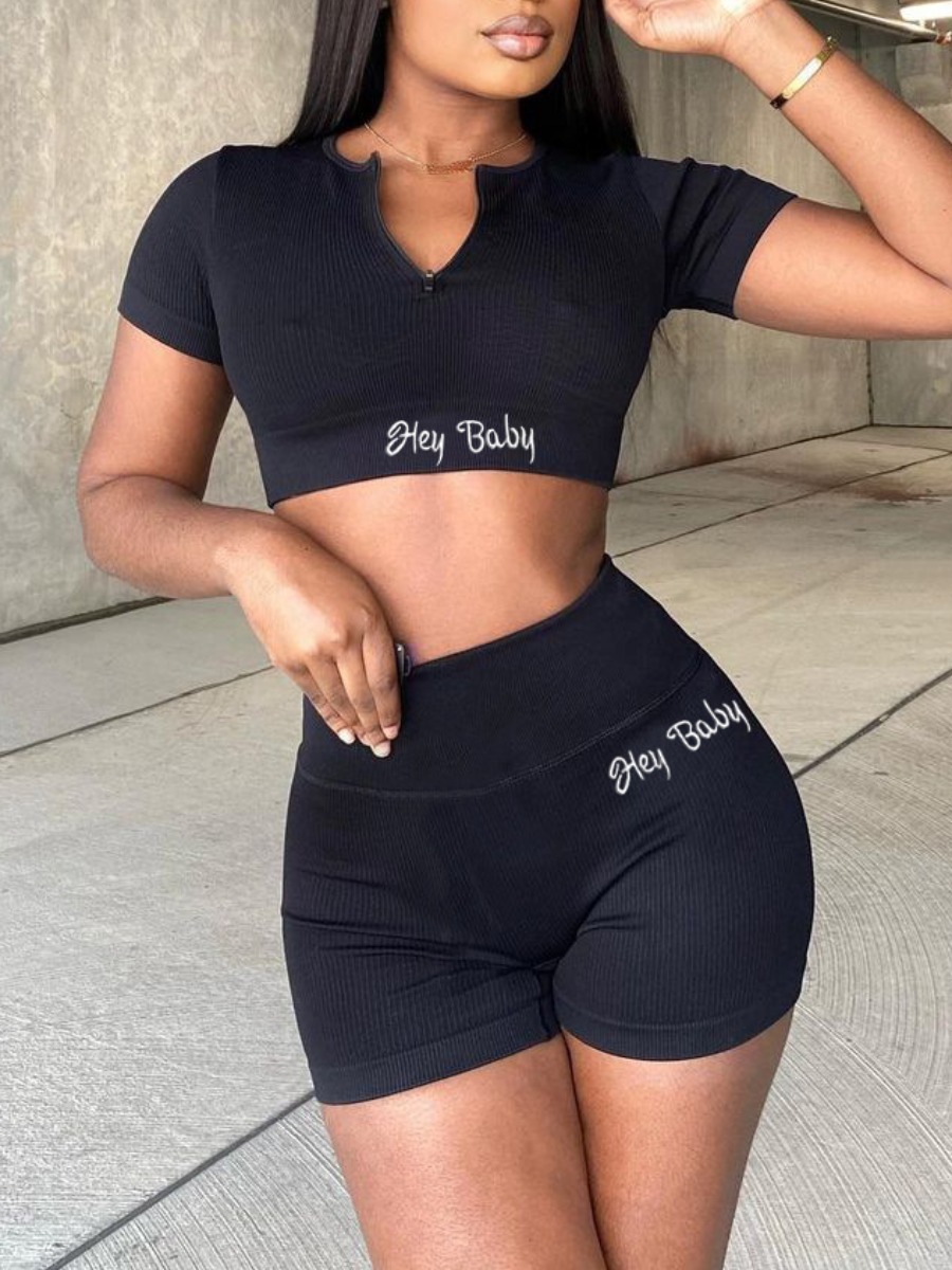 

Lovely Casual Rib-Knit Letter Print Black Two Piece Shorts Set