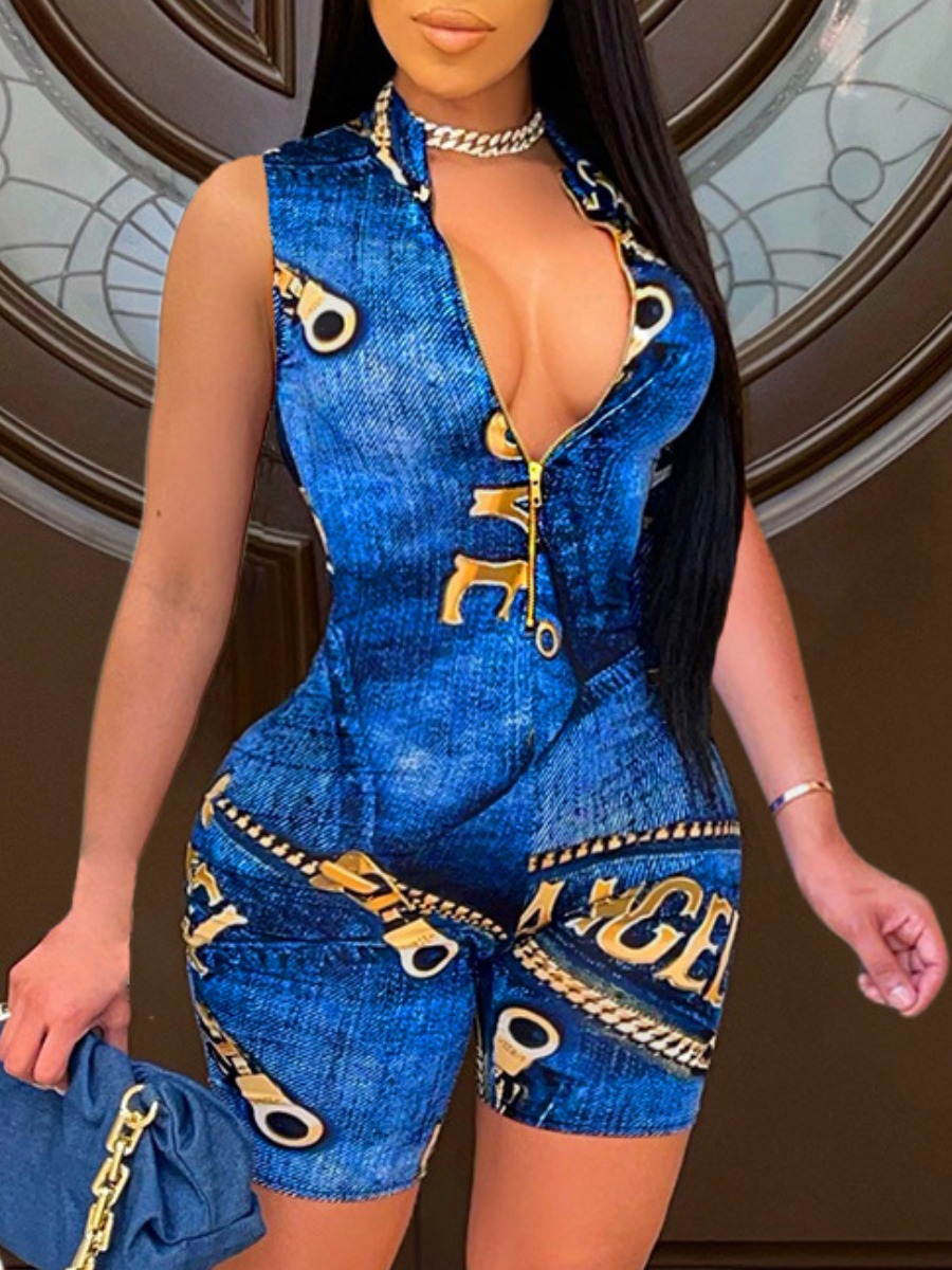 

LW Street Letter Print Zipper Design Blue One-piece Romper