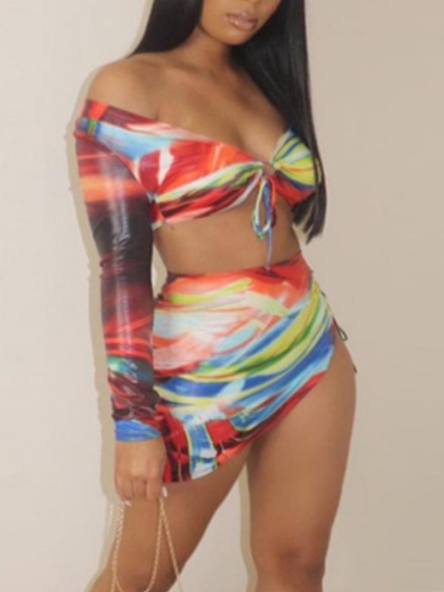 

Lovely Sexy Off The Shoulder Bandage Design Multicolor Two Piece Skirt Set, Multi