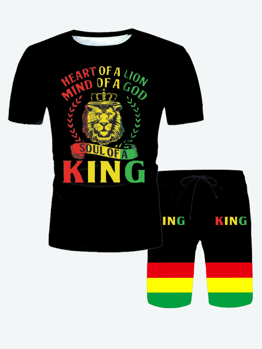 LW Men King Letter Print Striped Shorts Set